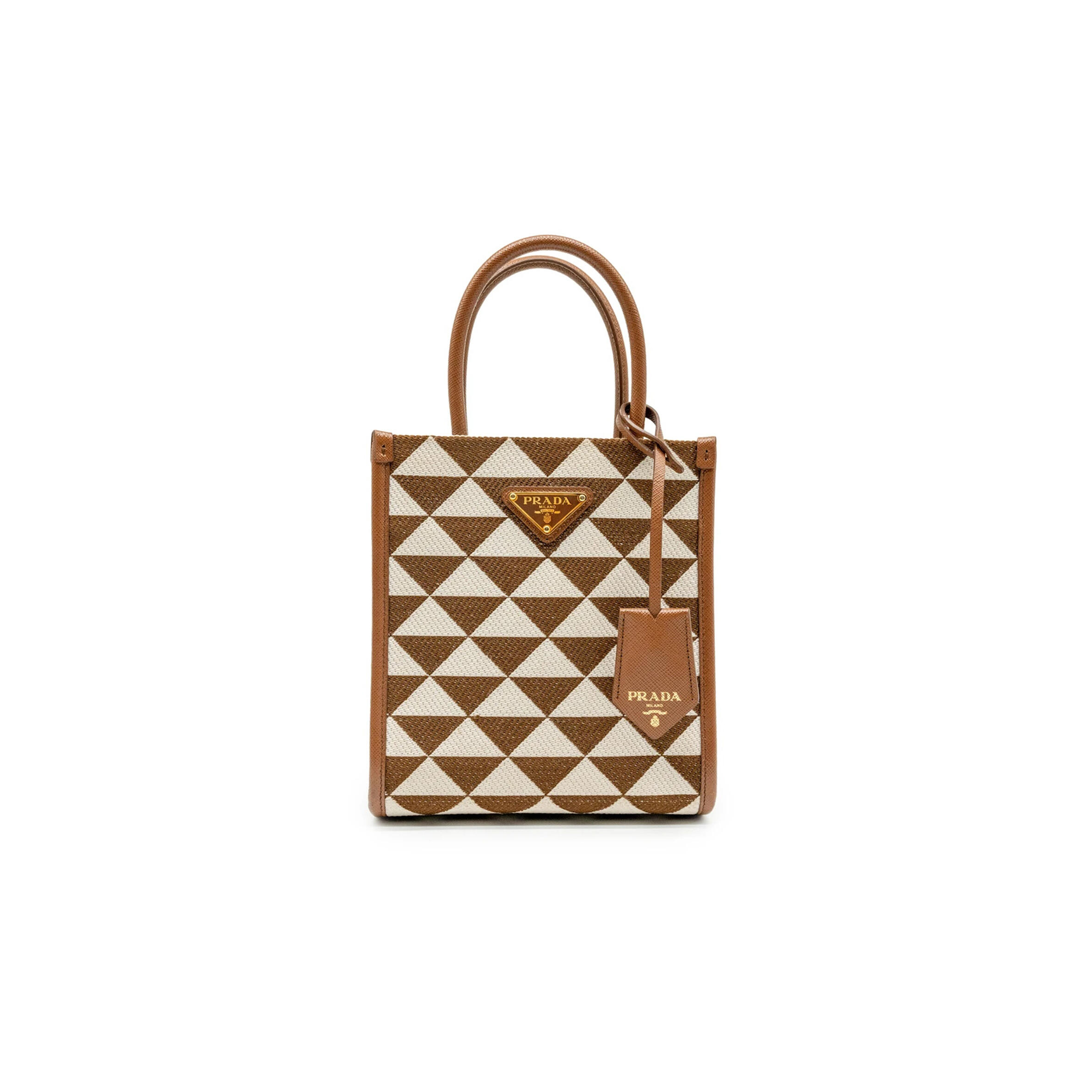 PRADA TOBACCO & CHALK WHITE SYMBOLE EMBROIDERED FABRIC MINI BAG 1BA355 (19*17*6cm)